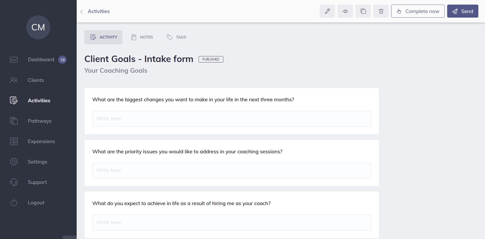 Quenza Coaching Tools Example Intake Questionnaire