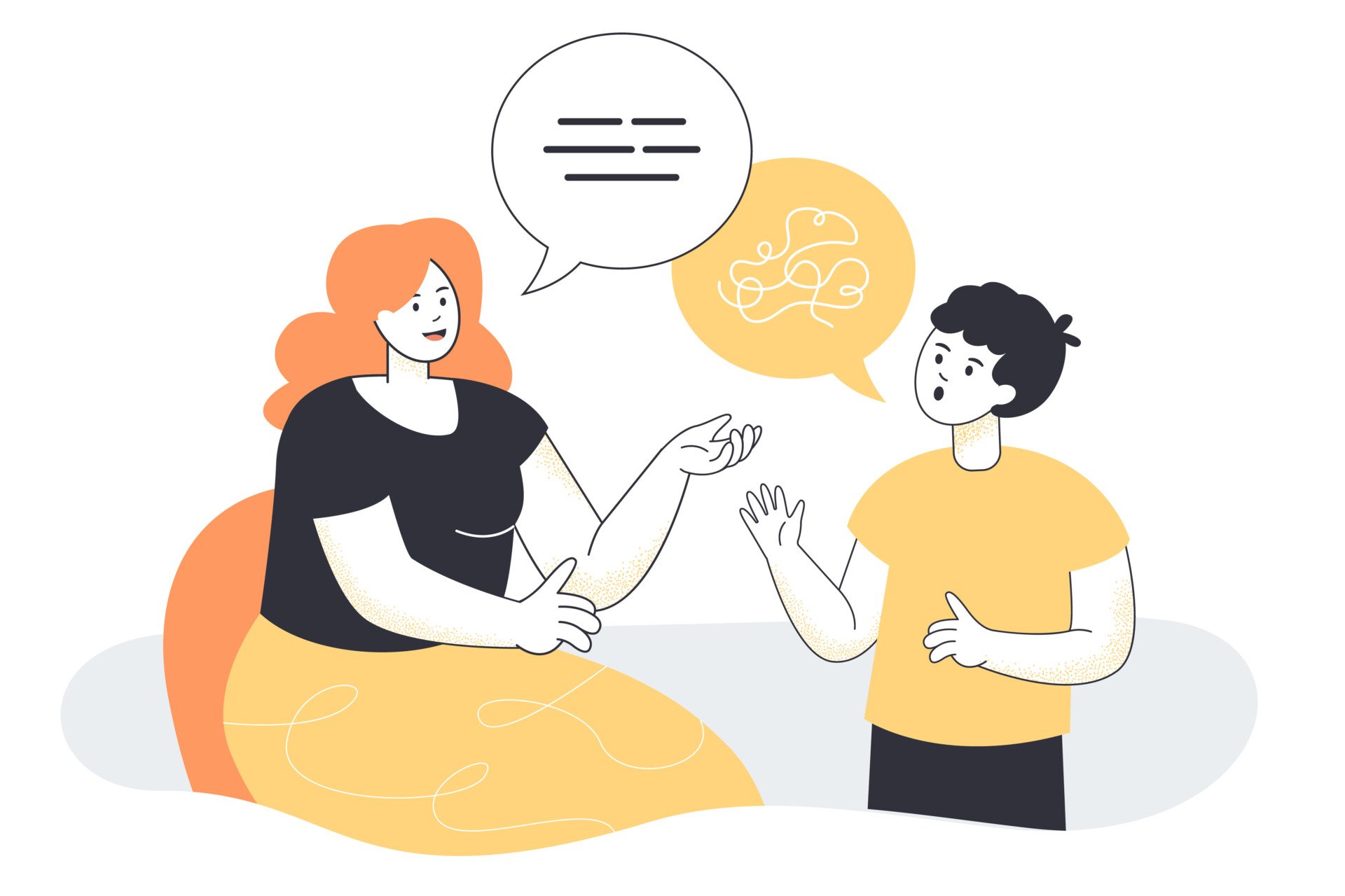 一个孩子与治疗师对话的插图 - 他们之间有对话气泡显示对话