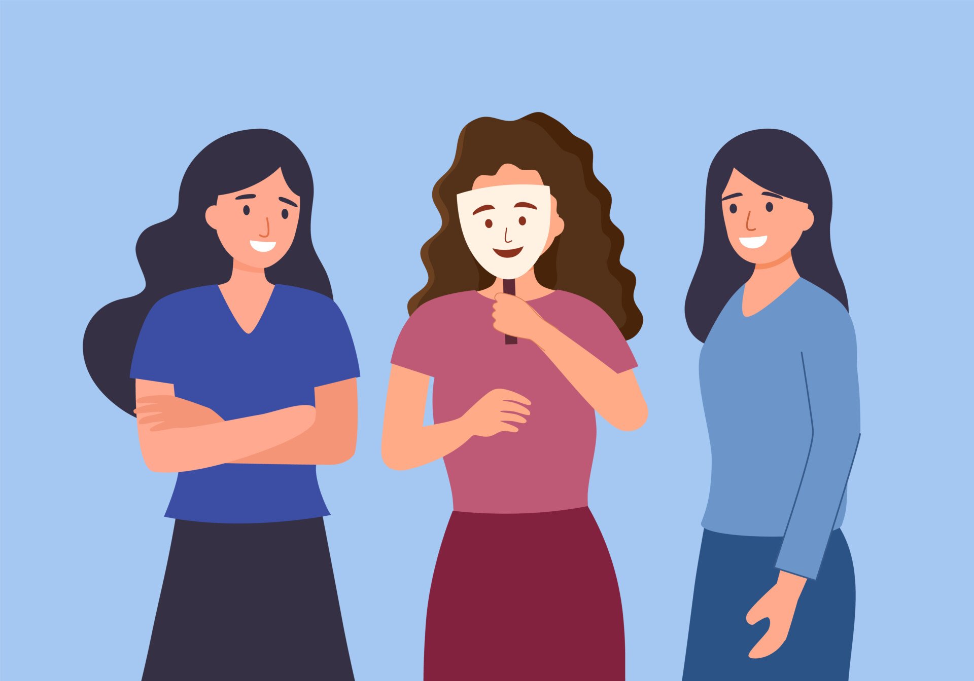 ADHD身份面具 一个女人戴上社交面具,用虚假的积极情绪掩饰真实感受