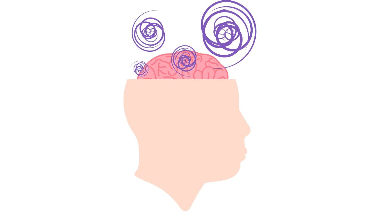 ADHD 影响 一个头部轮廓图,显示大脑和螺旋状的思想