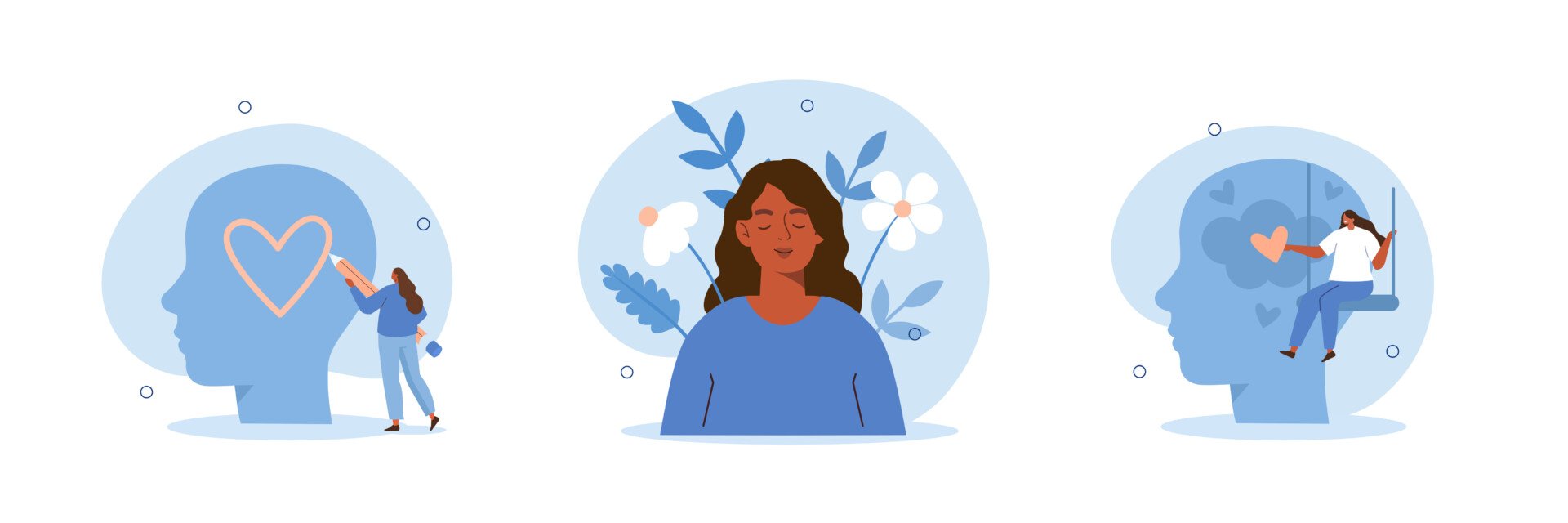 ADHD自我接纳 3幅插图。第一幅是一位女性在头部轮廓上画心形,第二幅是一位放松愉快的女性头上长出花朵,第三幅是一位女性在秋千上拿着爱心,面前是头部轮廓。