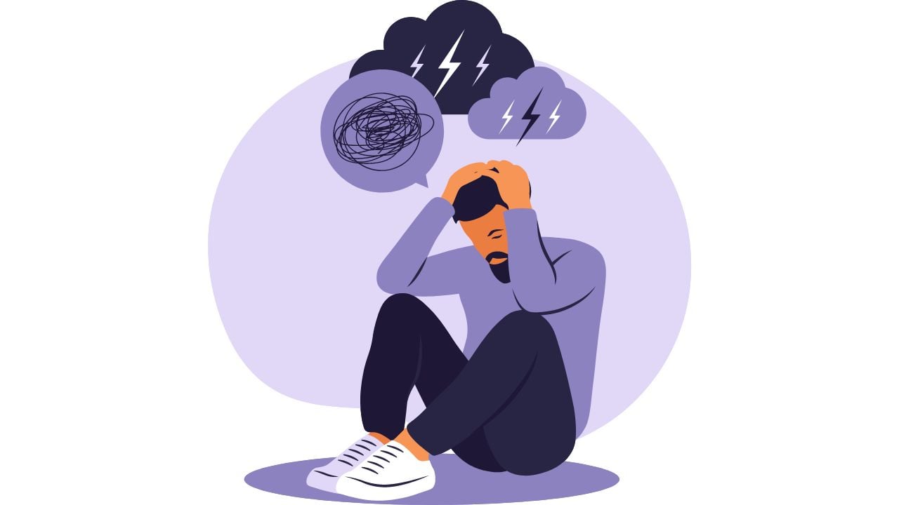 自闭症抑郁 一个坐在地板上的男人,双手抱头,感到沮丧的插图。