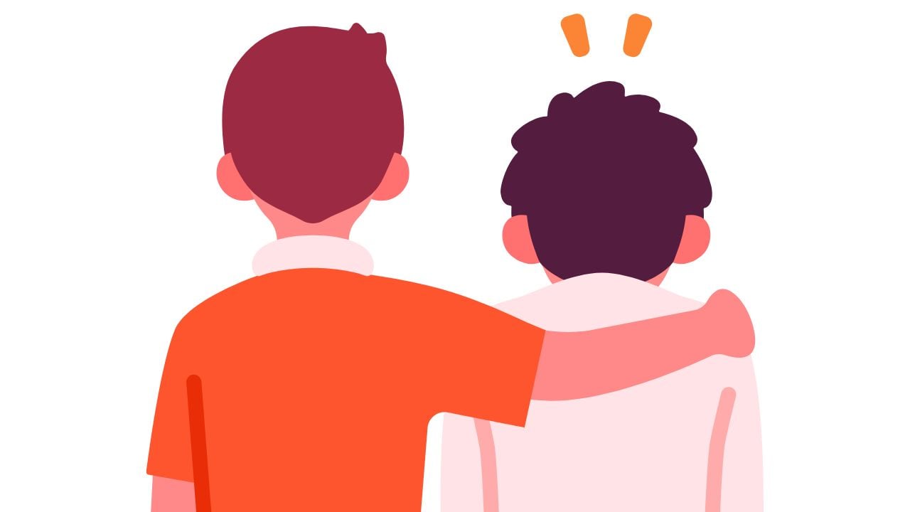 自闭症共情 两人背对,一人用胳膊搭在另一人的肩上表示共情,而另一人对这一举动感到惊讶。