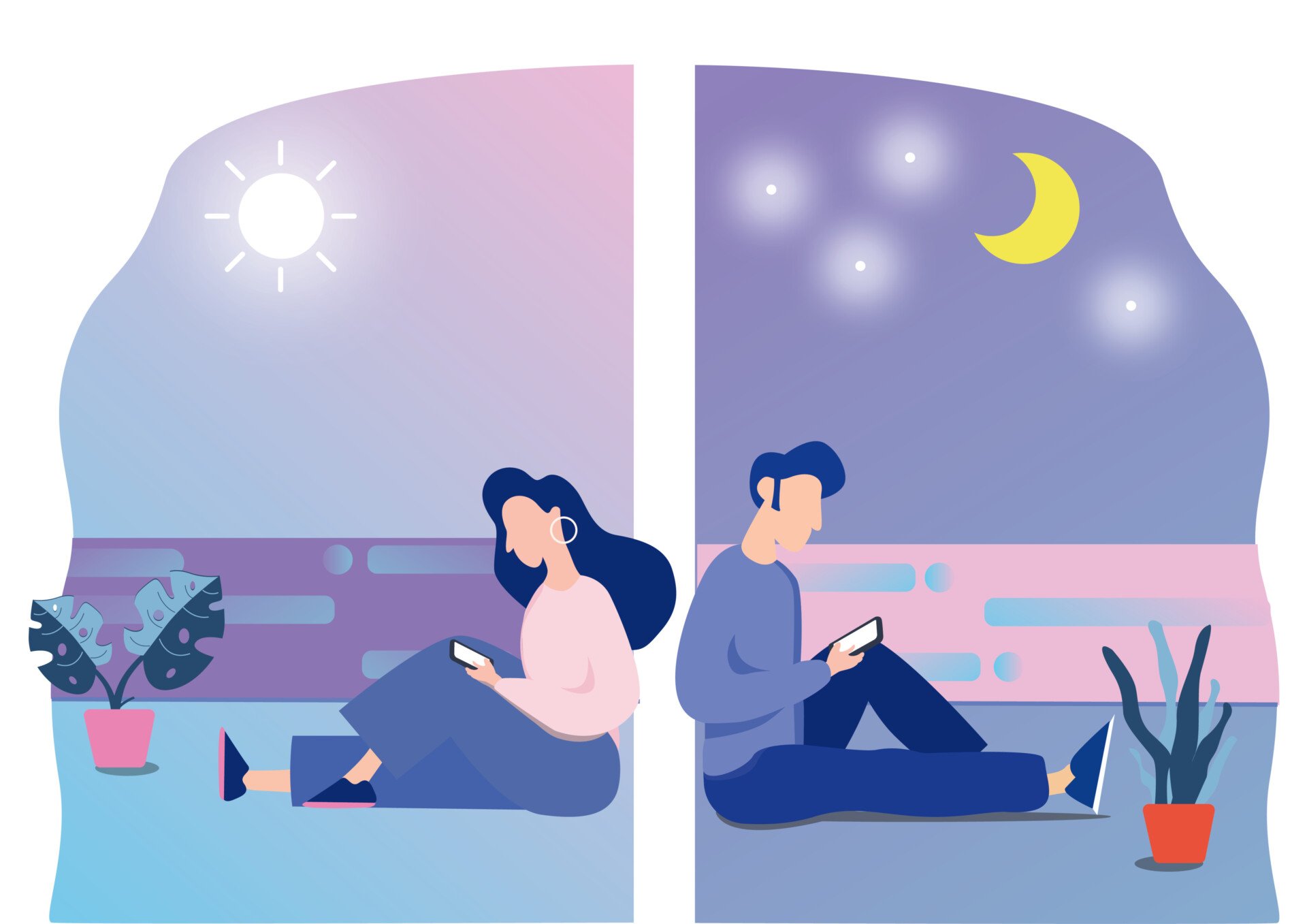 一对男女坐在不同的房间里，靠在同一面墙上用手机互发短信