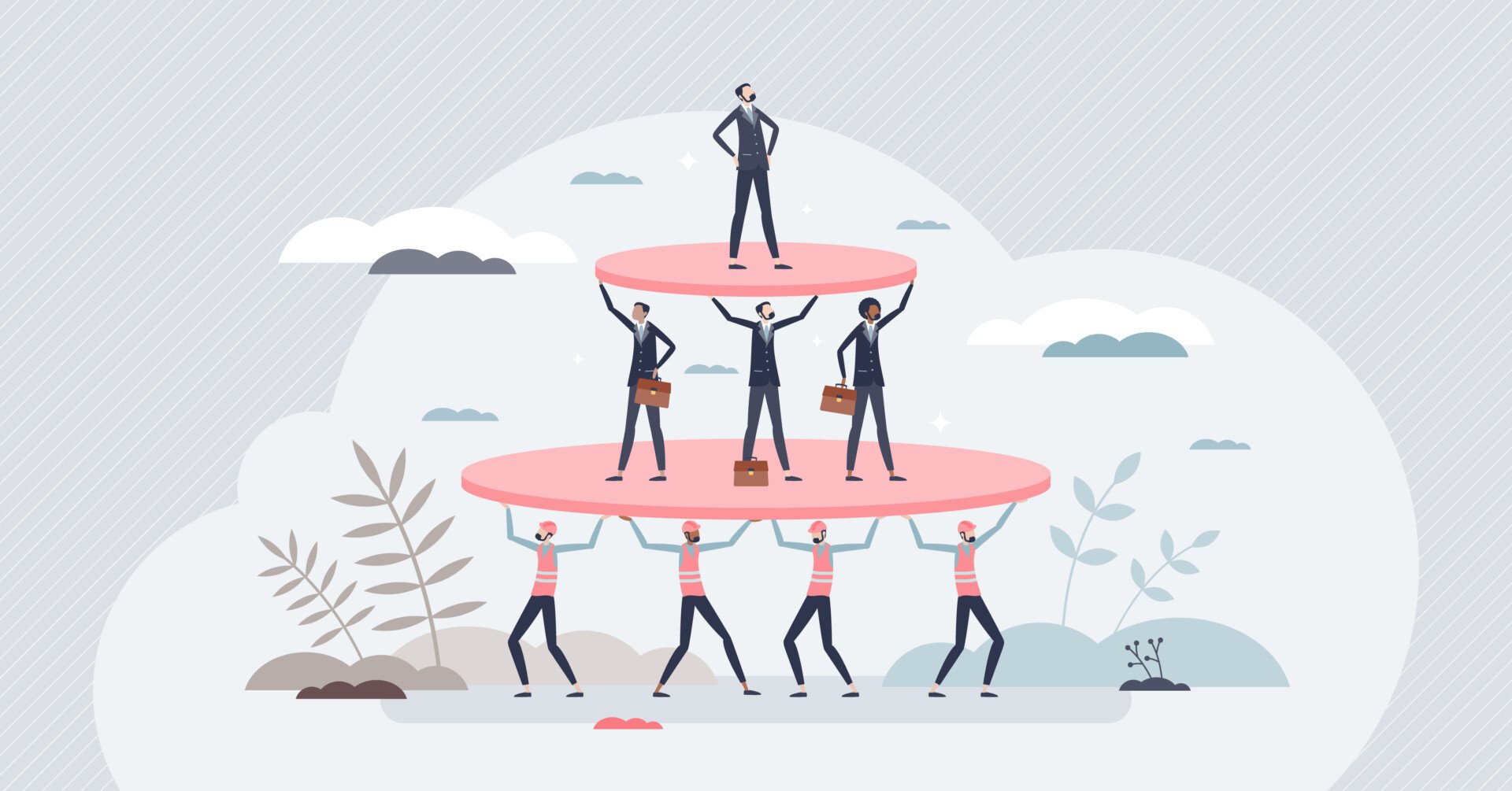 一幅插图展示了工人阶级位于等级制度的底层，中产阶级和上层阶级位于他们之上，互相支撑。