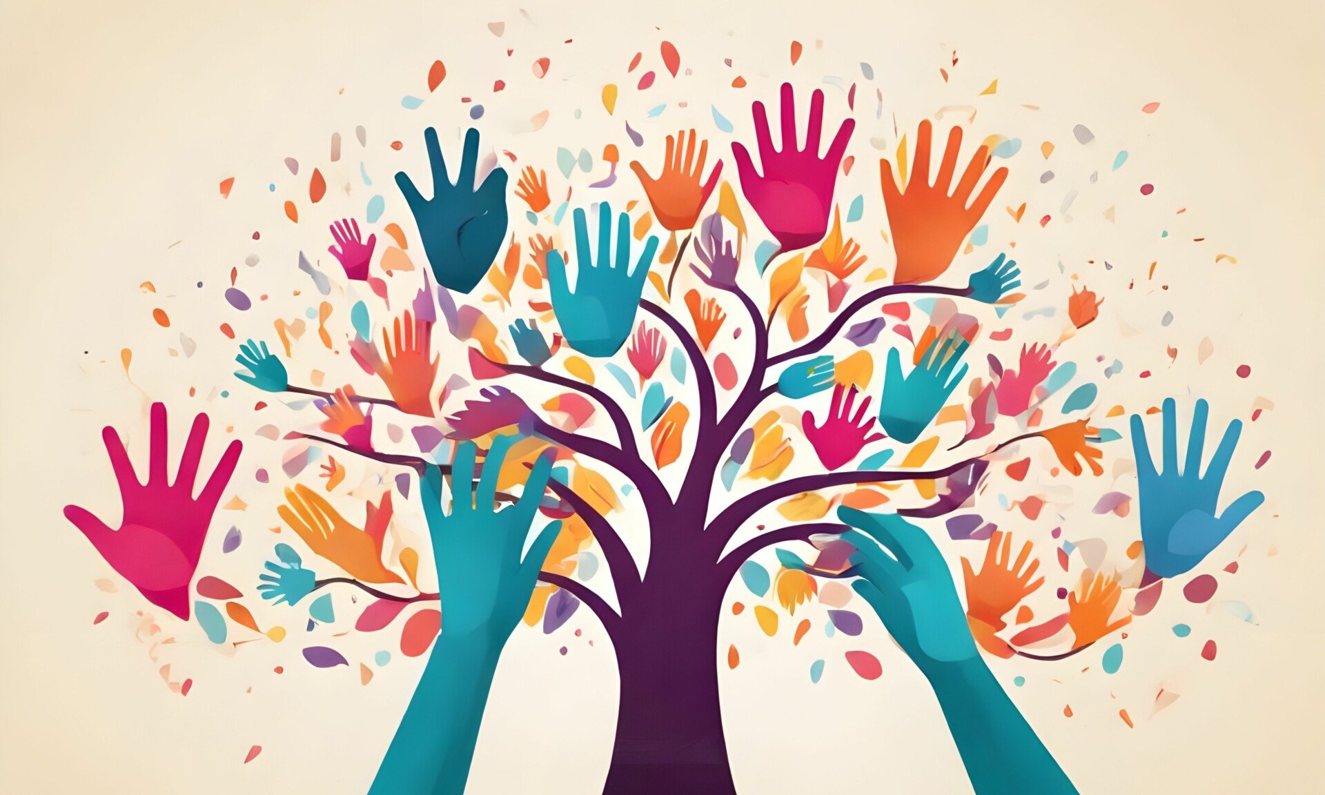 艺术插图，用树叶手印代表社区的树