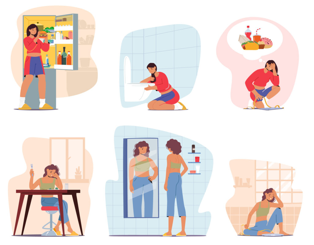 食物障碍博客在新冠疫情期间:恢复进展的窗口 1 一组患有食物障碍的女性角色,表现为扭曲的身体形象和不健康的饮食行为。患有暴食症和厌食症的年轻女性。卡通人物矢量插图