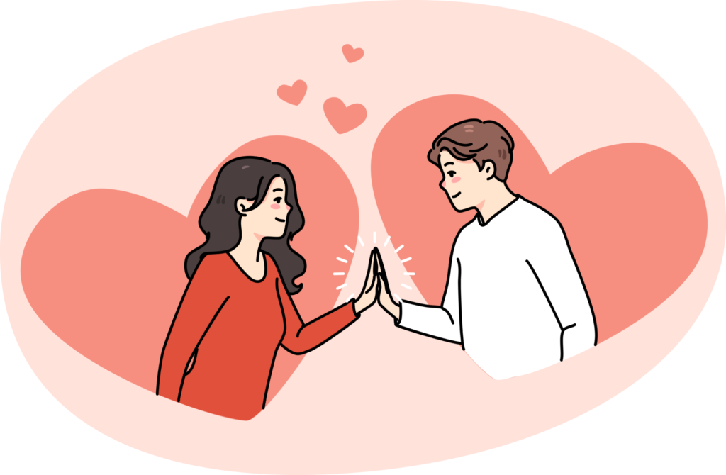 插图展示了一男一女面对面手拉手，背景是爱心