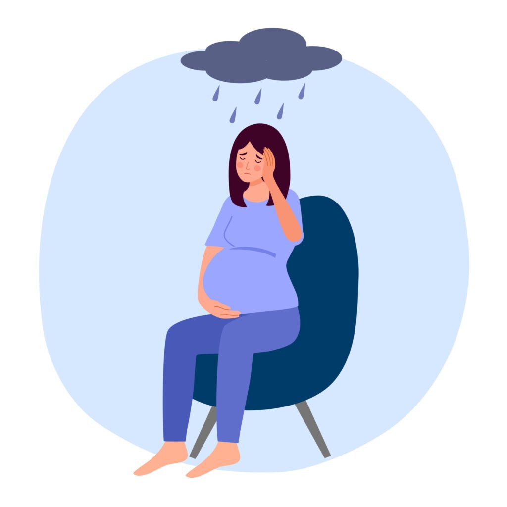 孕妇坐在椅子上看起来悲伤和紧张，头顶上方有一朵乌云